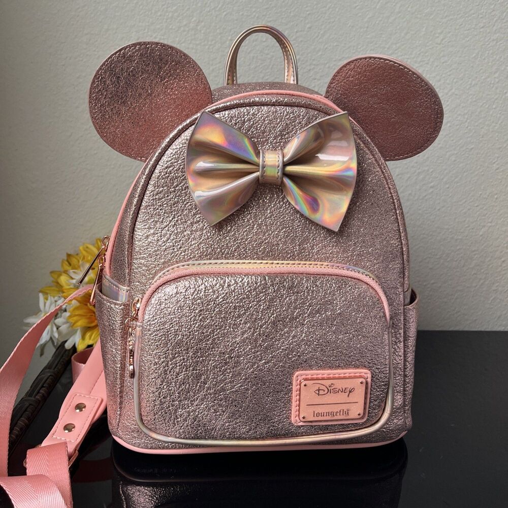 Disney Parks Loungefly Minnie Mouse Rose Gold Sequin Mini Backpack